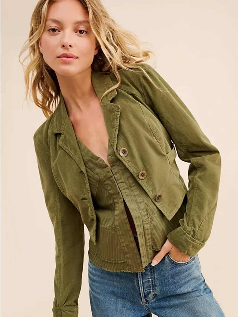 Free People Olive Green Cropped Cotton Blazer Jacket